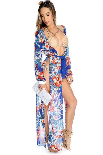 Sexy Royal BLue Print Long Versatile Swimsuit Cover Up Vacation Beach Wear - AMIClubwear