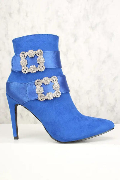 Sexy Royal Blue Rhinestone Buckle Accent Pointy Toe Booties - AMIClubwear