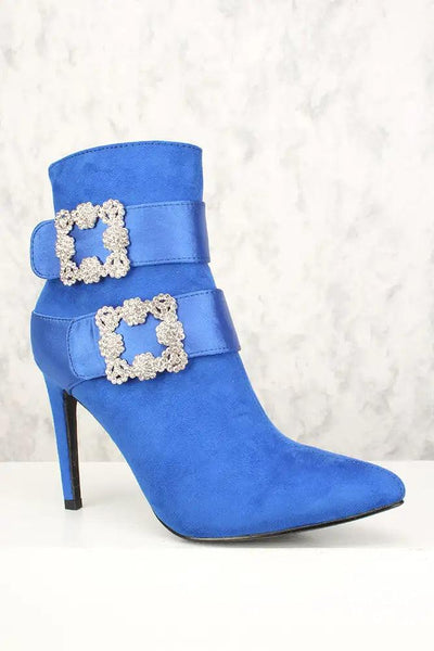 Sexy Royal Blue Rhinestone Buckle Accent Pointy Toe Booties - AMIClubwear