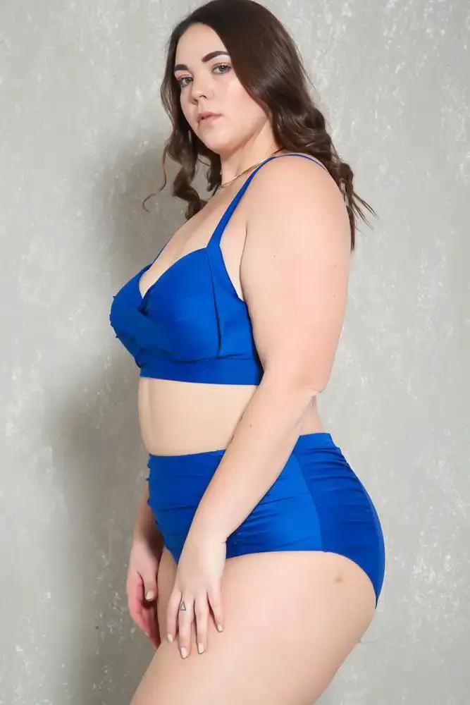 Sexy Royal Blue Ruched High Waist Plus Size Two Piece Swimsuit