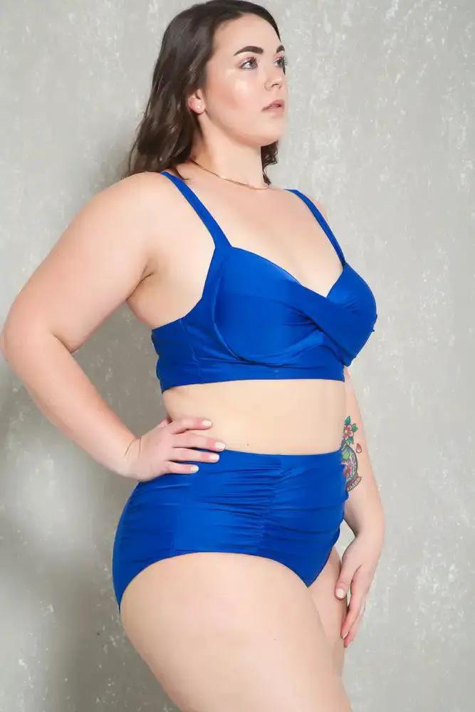 Sexy Royal Blue Ruched High Waist Plus Size Two Piece Swimsuit