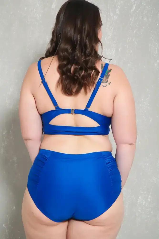 Sexy Royal Blue Ruched High Waist Plus Size Two Piece Swimsuit