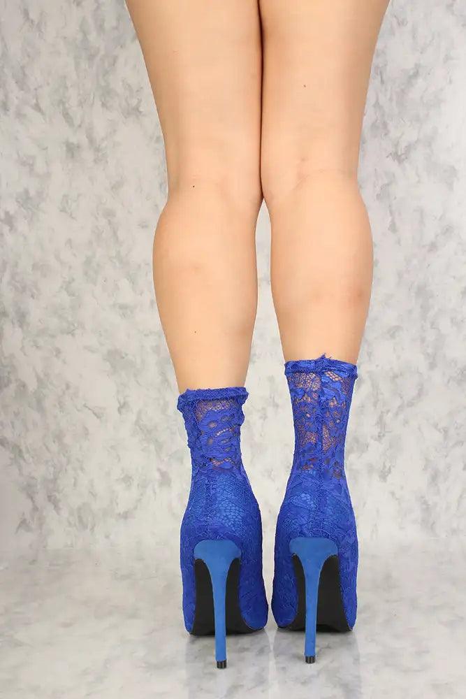 Sexy Royal Blue Sheer Lace Single Sole High Heels - AMIClubwear