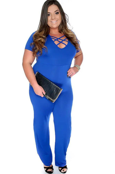 Sexy Royal Blue Strappy Neckline Plus Size Jumpsuit - AMIClubwear