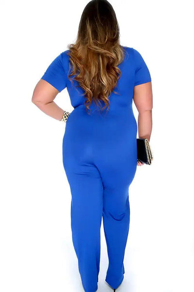 Sexy Royal Blue Strappy Neckline Plus Size Jumpsuit - AMIClubwear
