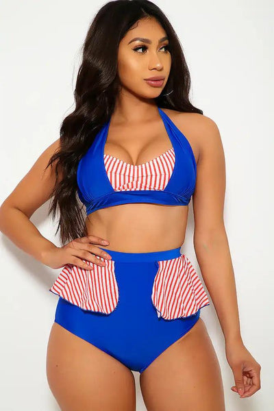 Sexy Royal Blue Striped Halter Ruffled High Waist Two Piece Swimsuit - AMIClubwear