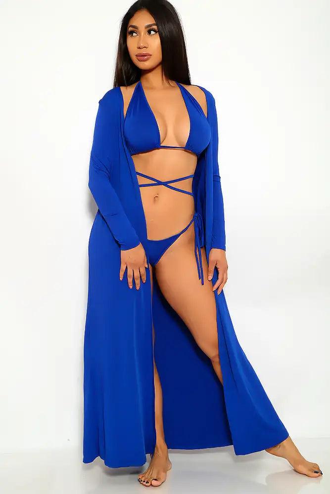 Sexy Royal Blue Two Piece Swimsuit Cardigan Set - AMIClubwear