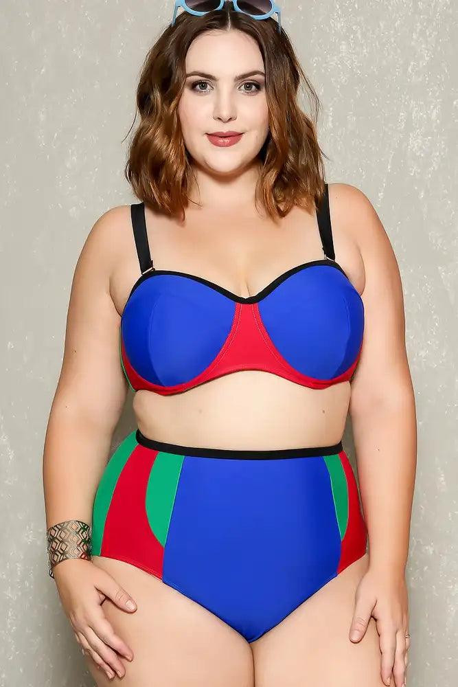 Sexy Royal Blue Two Tone High Waist Plus Size Two Piece Swimsuit - AMIClubwear