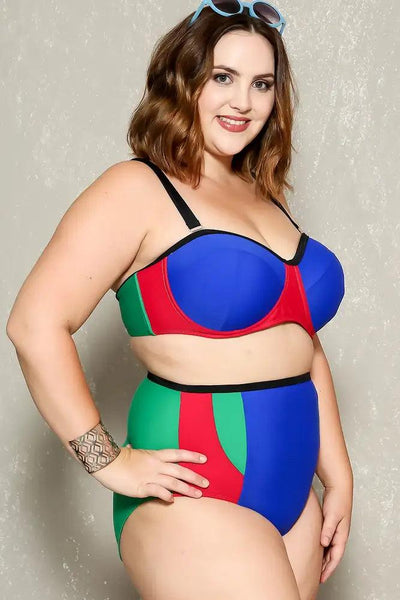 Sexy Royal Blue Two Tone High Waist Plus Size Two Piece Swimsuit - AMIClubwear