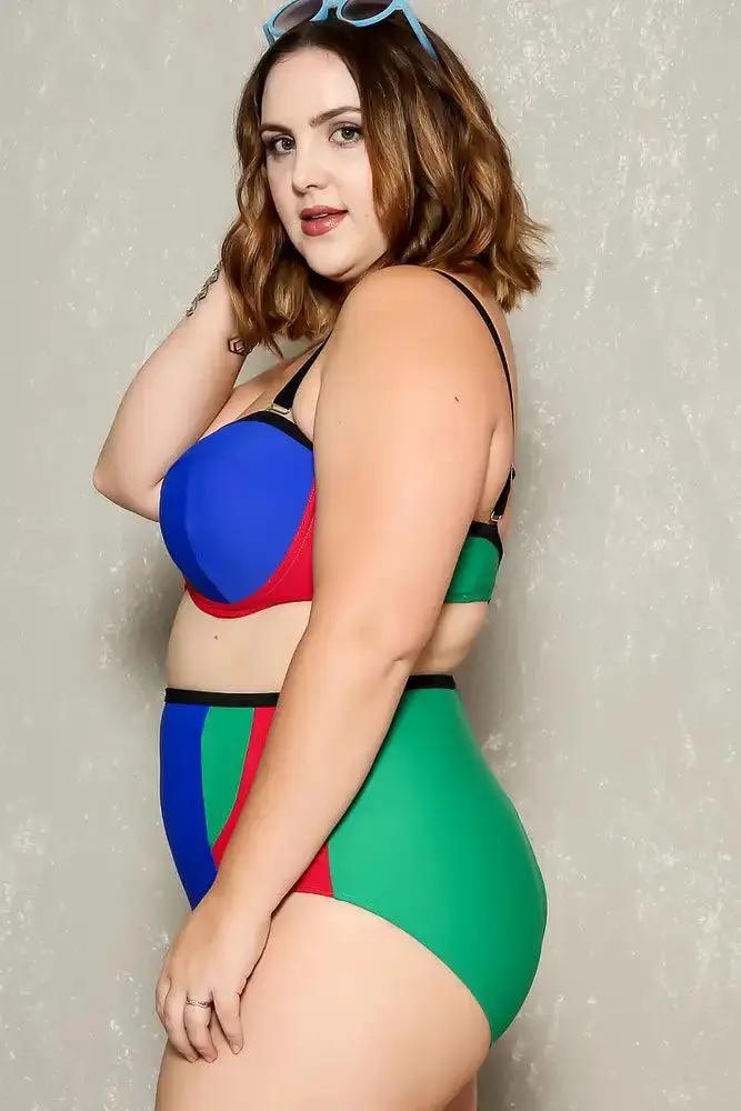 Sexy Royal Blue Two Tone High Waist Plus Size Two Piece Swimsuit