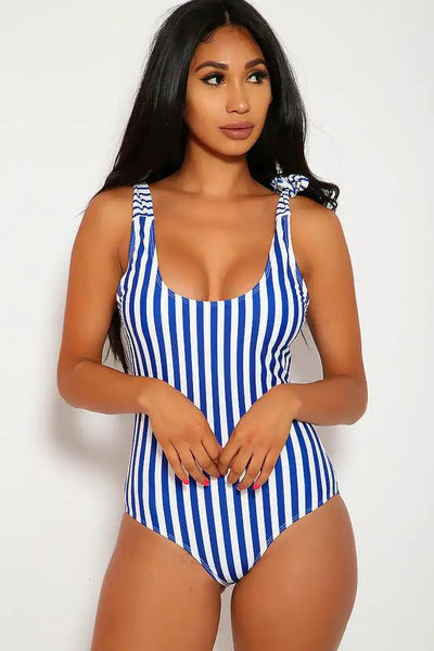 Sexy Royal Blue White Stripe Strap Tie One Piece Swimsuit - AMIClubwear