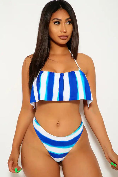 Sexy Royal Blue White Tie Dye Bandeau Two Piece Swimsuit - AMIClubwear