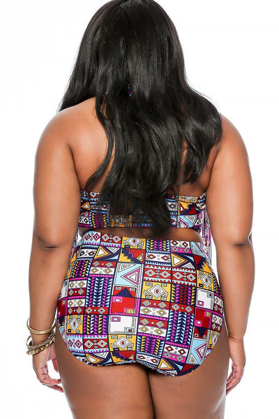 Sexy Rust Navy Tribal Fringe Halter High Waist Plus Size Two Piece Swimsuit - AMIClubwear