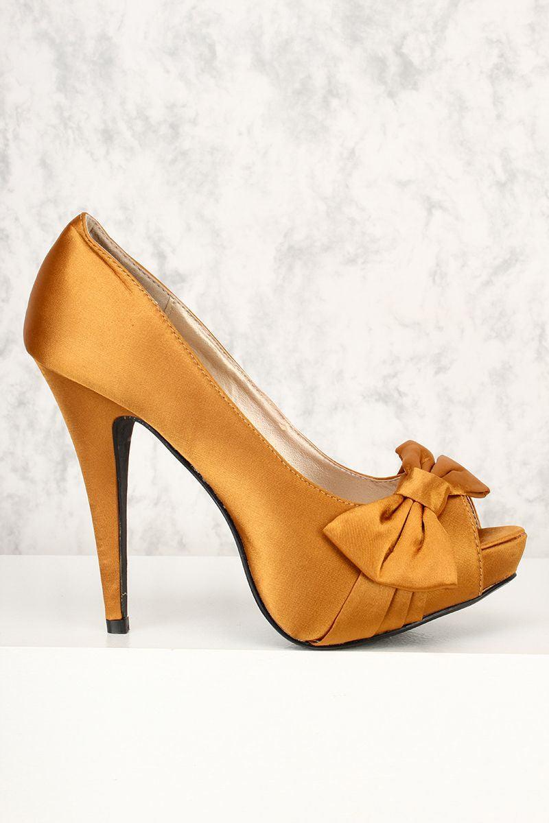 Sexy Rust Peep Toe Bow Accent High Heels Platform Heels Satin - AMIClubwear