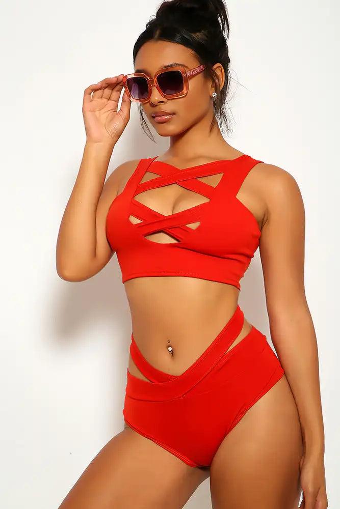Sexy Rust Strappy Criss Cross High Waist Two Piece Swimsuit - AMIClubwear