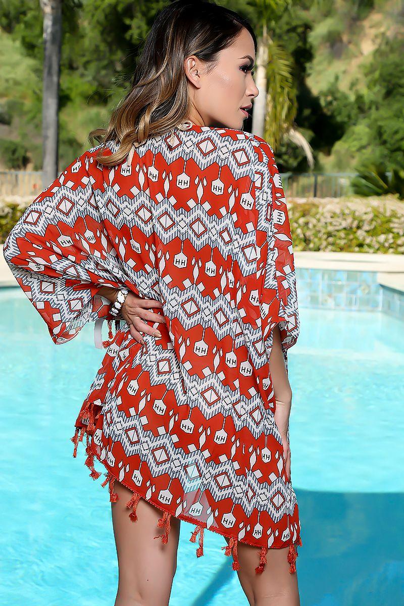 Sexy Rust White Tribal Print Flared Mid Sleeve Kimono Swimsuit Cover Up - AMIClubwear