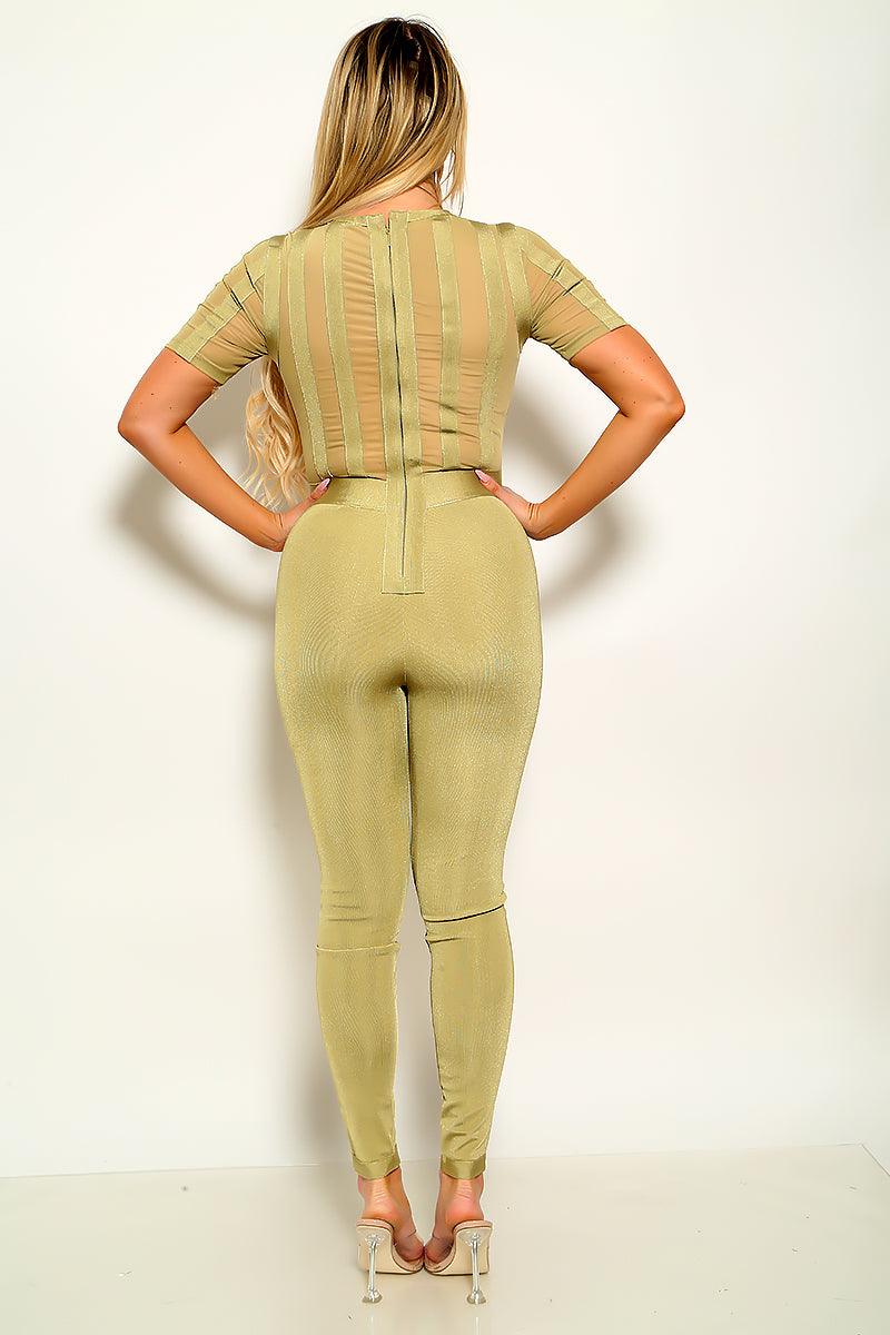 Sexy Sage Striped Mesh Bandage Zip Up Jumpsuit - AMIClubwear