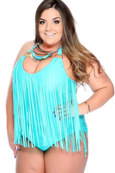 Sexy Seafoam Padded Fringe O-Ring Accent Halter Plus Size Swimsuit - AMIClubwear