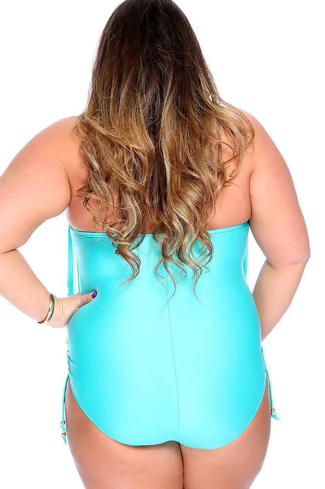 Sexy Seafoam Padded Fringe O-Ring Accent Halter Plus Size Swimsuit - AMIClubwear