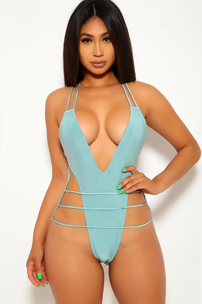 Sexy Seafoam Strappy Plunging Criss Cross High Cut One Piece Swimsuit - AMIClubwear