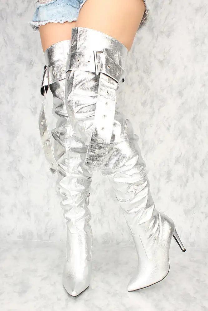 Sexy Silver Buckle Strap Slouchy Pointy Toe Thigh High Heels Faux Leather - AMIClubwear