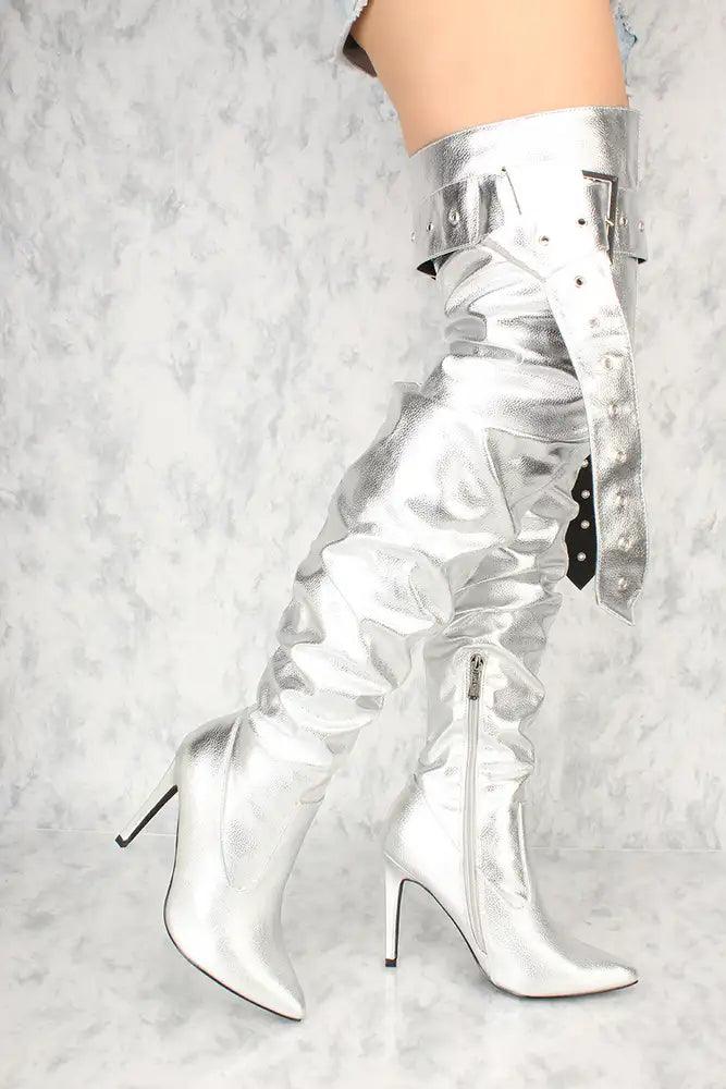 Sexy Silver Buckle Strap Slouchy Pointy Toe Thigh High Heels Faux Leather - AMIClubwear