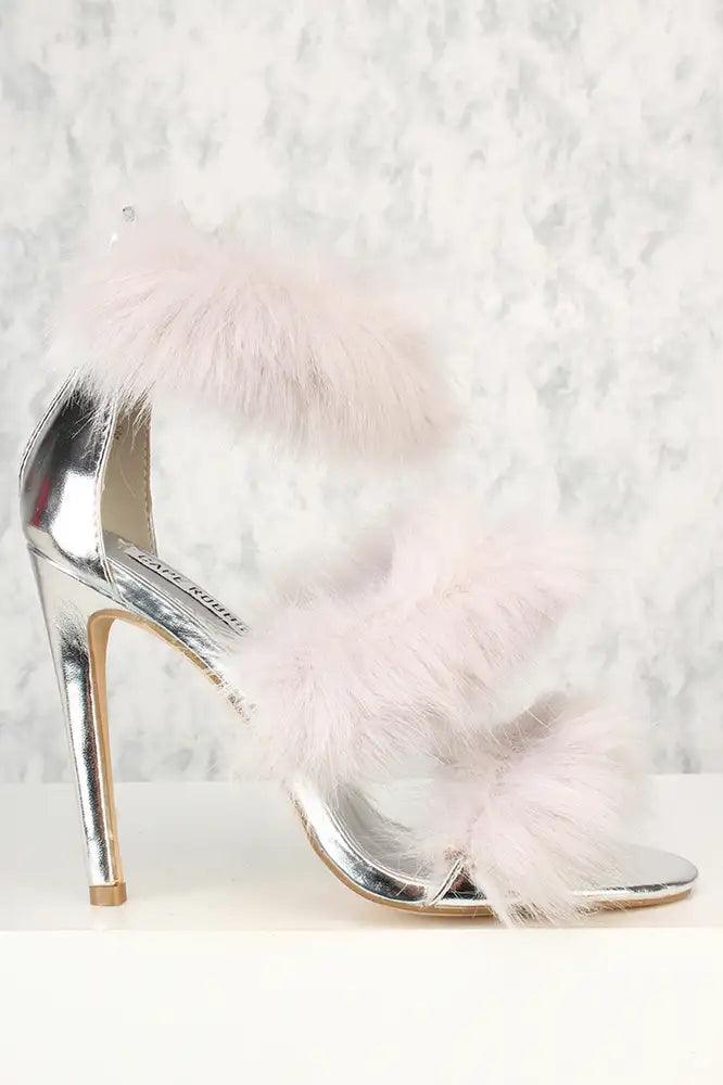 Sexy Silver Faux Fur Strappy Open Toe Single Sole Heels - AMIClubwear