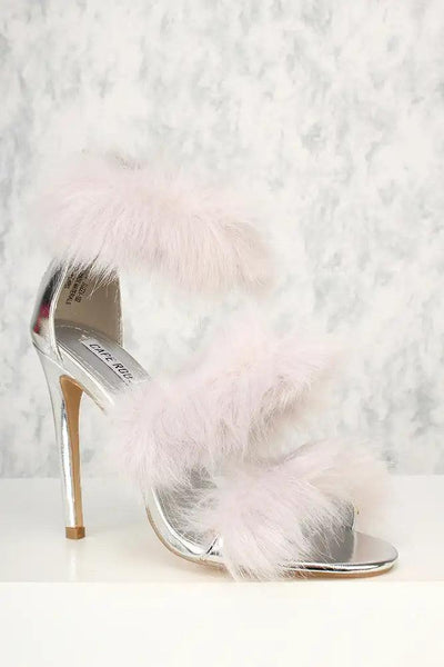 Sexy Silver Faux Fur Strappy Open Toe Single Sole Heels - AMIClubwear