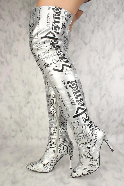 Sexy Silver Graphic Print Pointy Toe High Heel Thigh High Boots Faux Leather - AMIClubwear