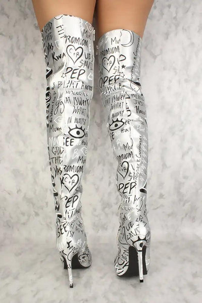 Sexy Silver Graphic Print Pointy Toe High Heel Thigh High Boots Faux Leather - AMIClubwear