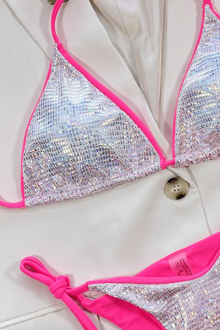 Sexy Silver Hologram Bikini With Pink Trim - AMIClubwear