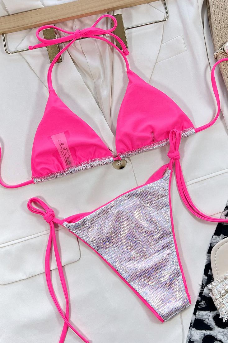 Sexy Silver Hologram Bikini With Pink Trim - AMIClubwear