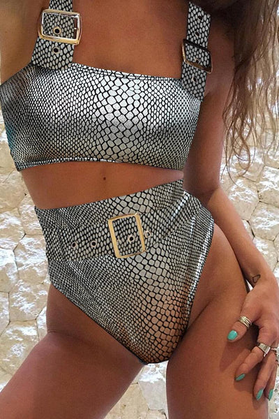 Sexy Silver Hologram Snake Buckle Bikini - AMIClubwear