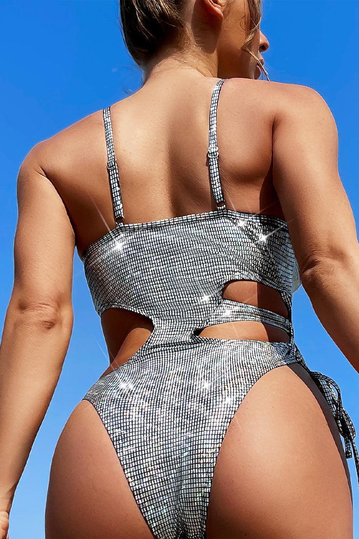 Sexy Silver Hologram Square Cutout Monokini - AMIClubwear