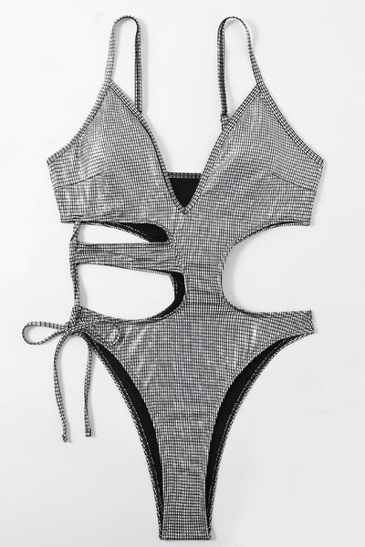 Sexy Silver Hologram Square Cutout Monokini - AMIClubwear