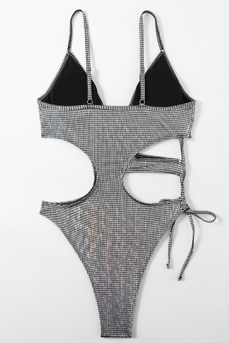 Sexy Silver Hologram Square Cutout Monokini - AMIClubwear