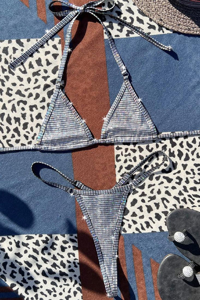 Sexy Silver Hologram Square Print G-string 2pc Bikini - AMIClubwear