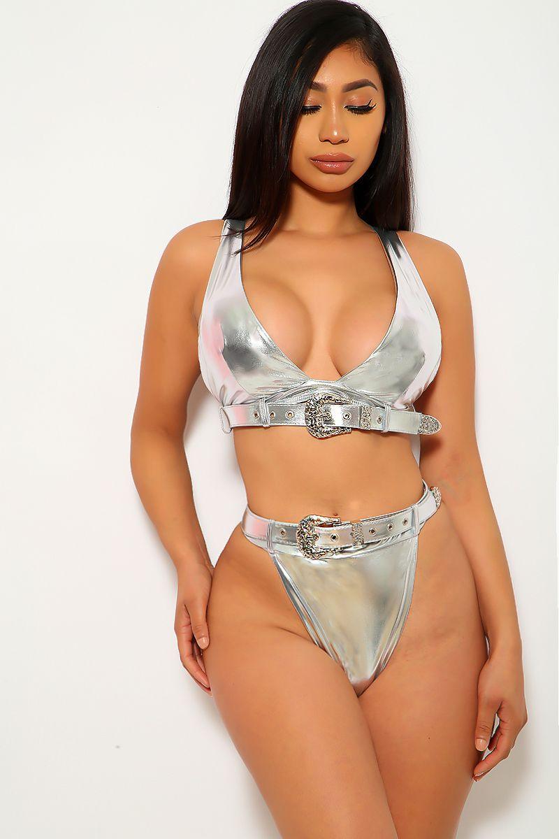 Sexy Silver Metallic Belt Two Piece Swimsuit - AMIClubwear