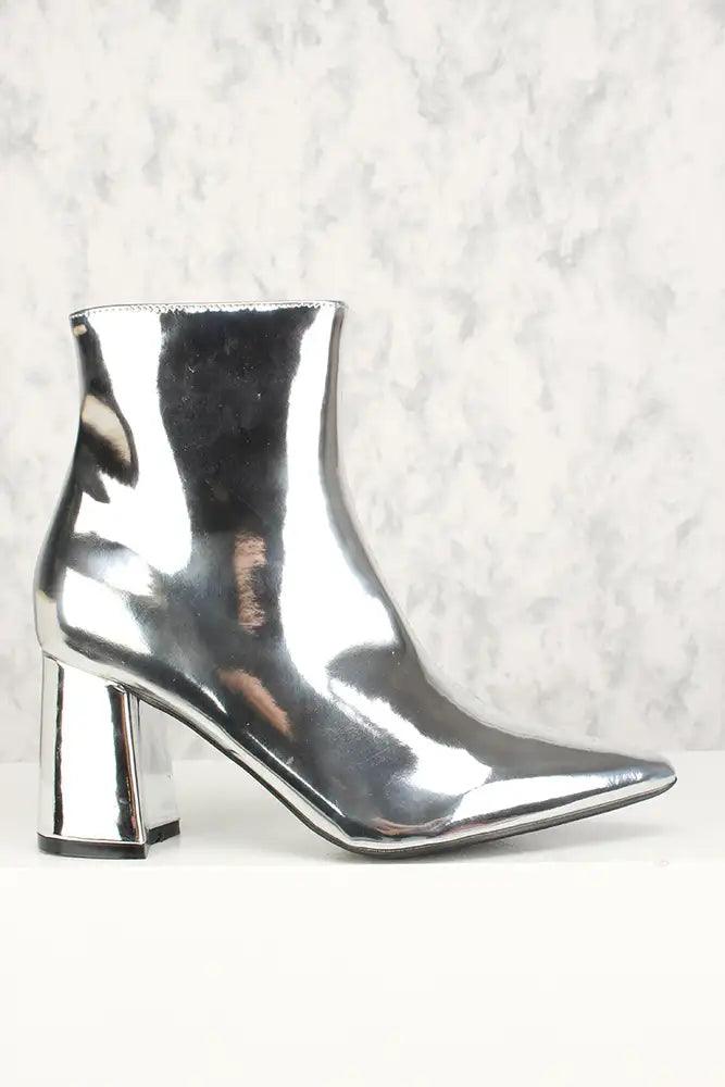Sexy Silver Metallic Chunky Heel Mid Calf Booties Patent - AMIClubwear