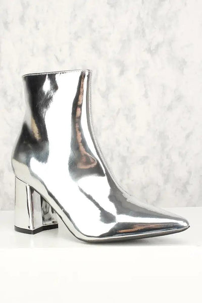 Sexy Silver Metallic Chunky Heel Mid Calf Booties Patent - AMIClubwear