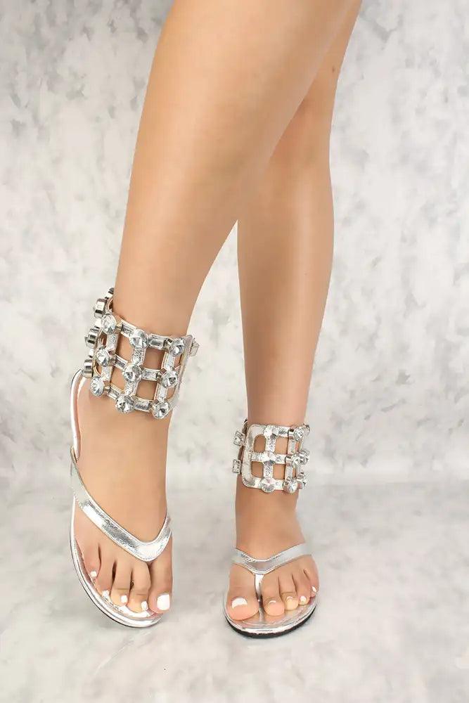 Sexy Silver Metallic Rhinestone Thong Sandals - AMIClubwear