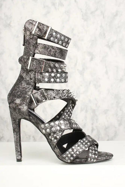 Sexy Silver Metallic Studded Strappy High Heels Faux Leather - AMIClubwear