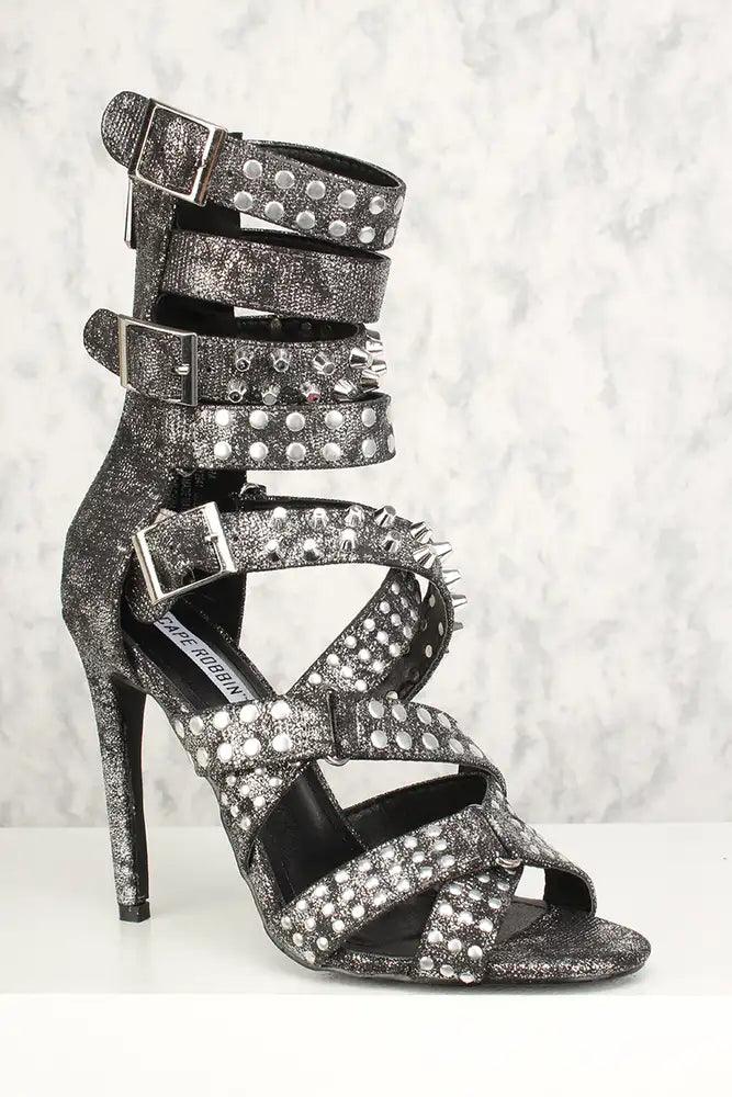 Sexy Silver Metallic Studded Strappy High Heels Faux Leather - AMIClubwear