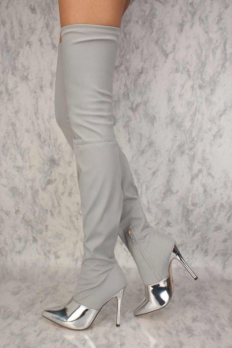 Sexy Silver Mirror Pointy Toe Thigh High Heel Boots Lycra - AMIClubwear