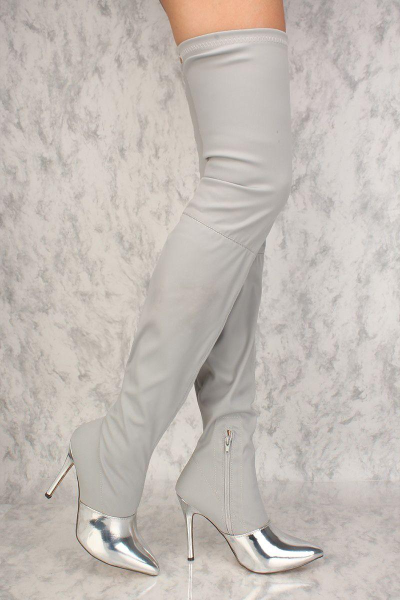 Sexy Silver Mirror Pointy Toe Thigh High Heel Boots Lycra - AMIClubwear