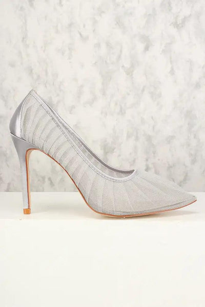 Sexy Silver Pleated Pointy Toe Mesh Single Sole High Heels - AMIClubwear