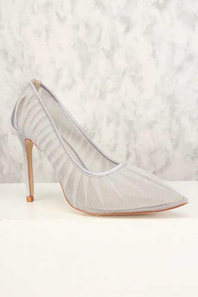 Sexy Silver Pleated Pointy Toe Mesh Single Sole High Heels - AMIClubwear