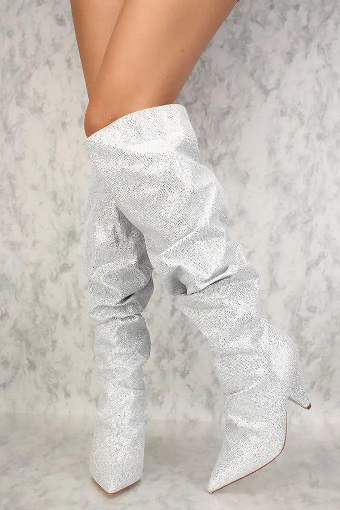 Sexy Silver Pointy Toe Chunky Heel Knee High Slouchy Boots - AMIClubwear