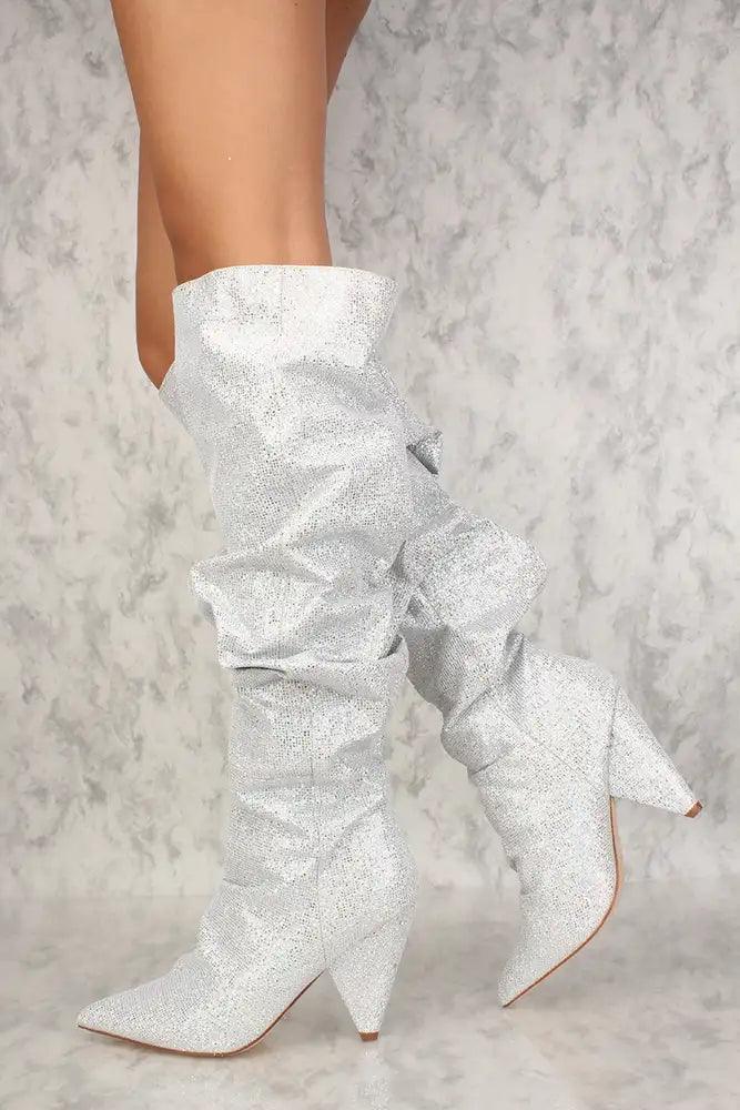 Sexy Silver Pointy Toe Chunky Heel Knee High Slouchy Boots - AMIClubwear