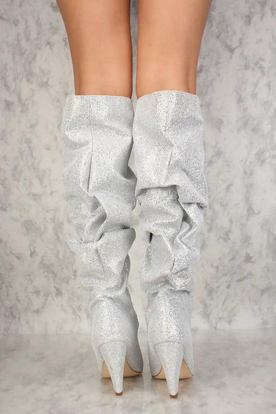 Sexy Silver Pointy Toe Chunky Heel Knee High Slouchy Boots - AMIClubwear